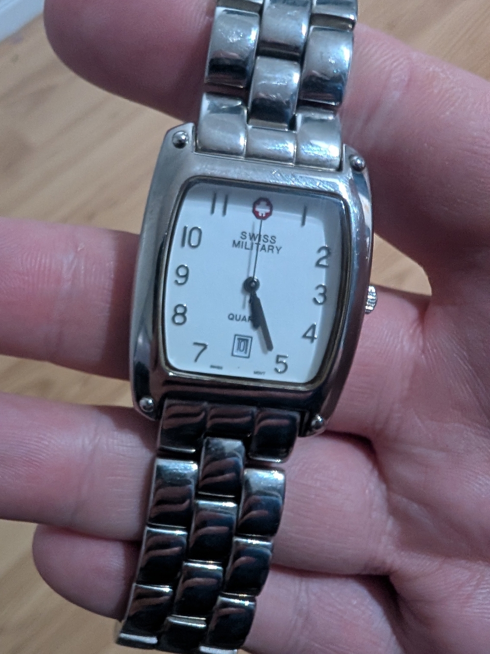 Vintage Swiss Military Silver Stainless Steel Watch with White Dial